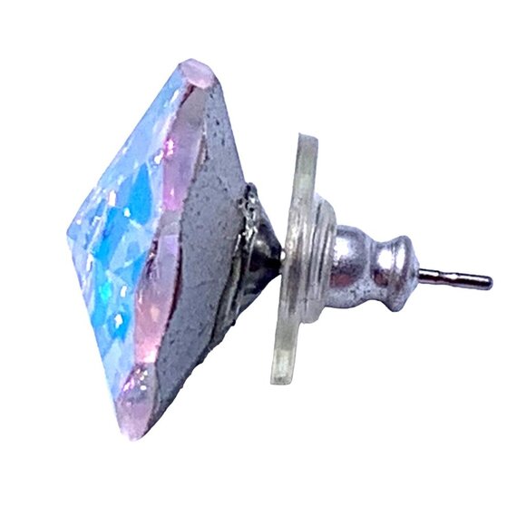 Faceted Aurora Borealis Crystal Stud Earrings 16 mm Silver-Tone Backing Wedding - Picture 3 of 7